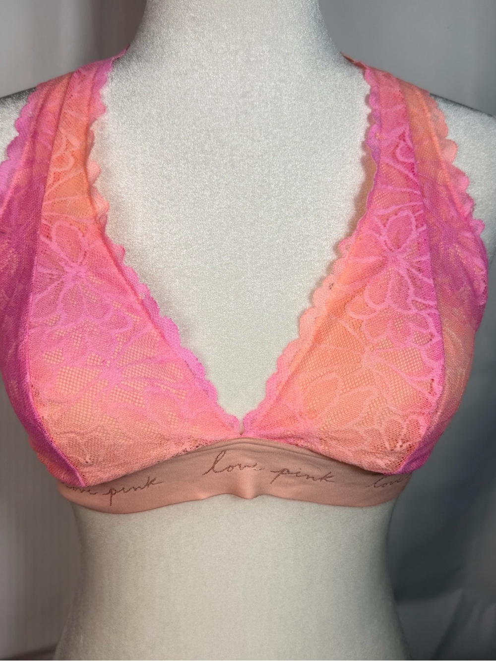 PINK Victoria's Secret Lace Halter Bralette Large Pink Orange Ombre Love Pink